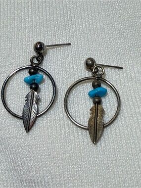 Running bear 925 silver Turquoise Feather Hoop Drop Earrings - Women Jewelry
